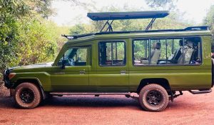 Toyota land cruiser self-drive rental on a scenic road in Rwanda during a road trip adventure.